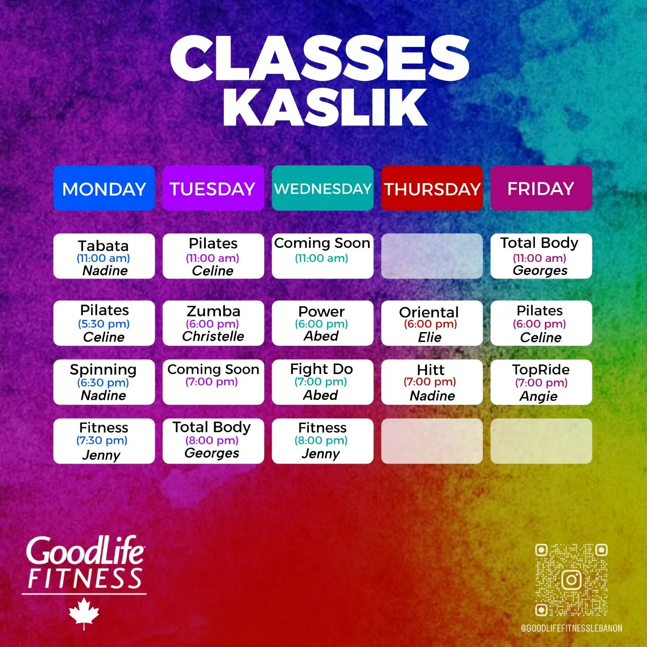 Kaslik weekly class schedule