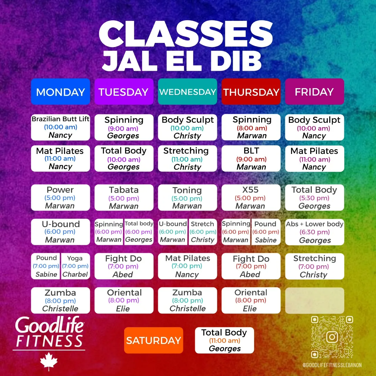 Jal El Dib weekly class schedule